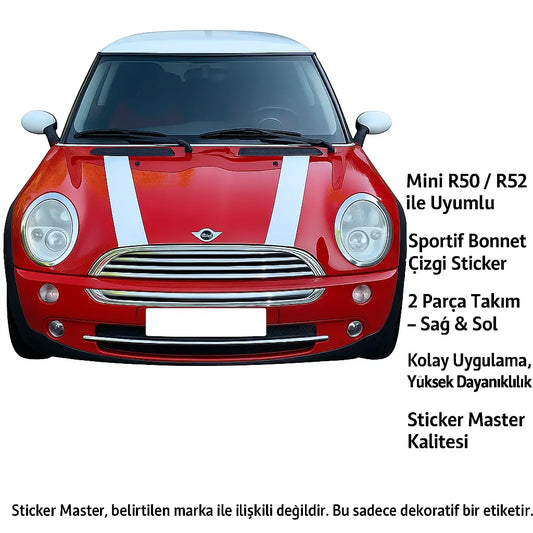 Sticker Master Mini R50 / R52 Cooper Bonnet Stripes Ön Şerit Sticker Etiket - 2 Parça Sticker Master